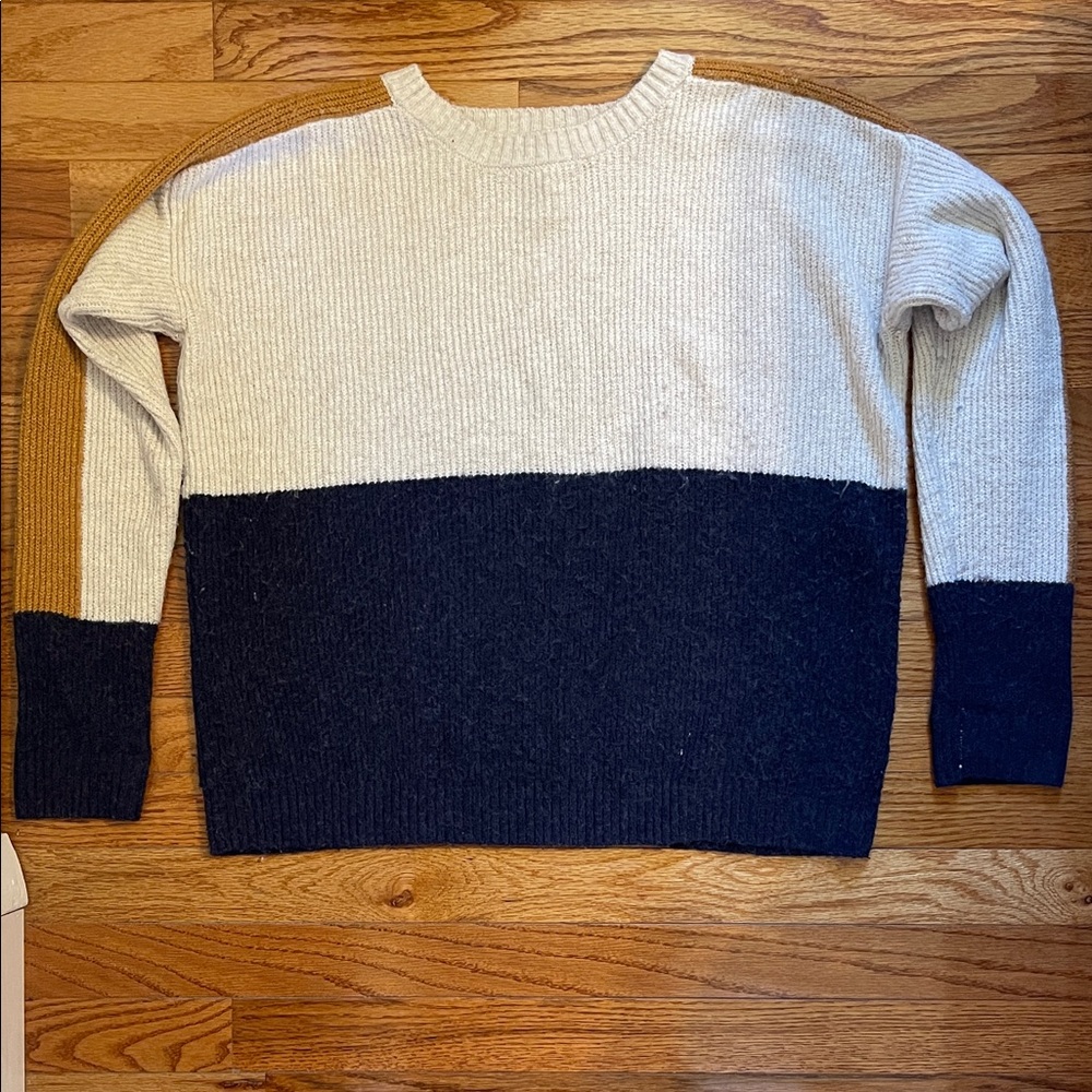 Pink Rose Colorblock Crewneck Sweater in Cream, Navy & Mustard Accent Sz M